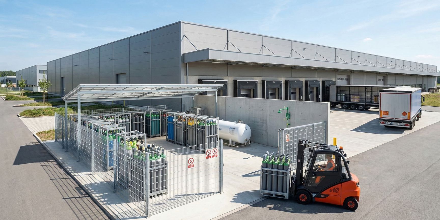 Dediziertes Außenlager für gasförmige Stoffe an einem modernen Logistikzentrum: Umzäuntes Freilagergelände mit rows von Gasflaschen und Bündeln unter einem schützenden Dach. Ein LKW mit ADR-Gefahrschild (Klasse 2 Gase) an einer Andockstation der Logistikhalle im Hintergrund. Ein Gabelstapler lädt Gasgebinde. Eine massive Betonbrandwand trennt das Gaslager von der Halle. Eine Notfalldusche und Augenspülstation sind gut sichtbar an der Wand montiert.